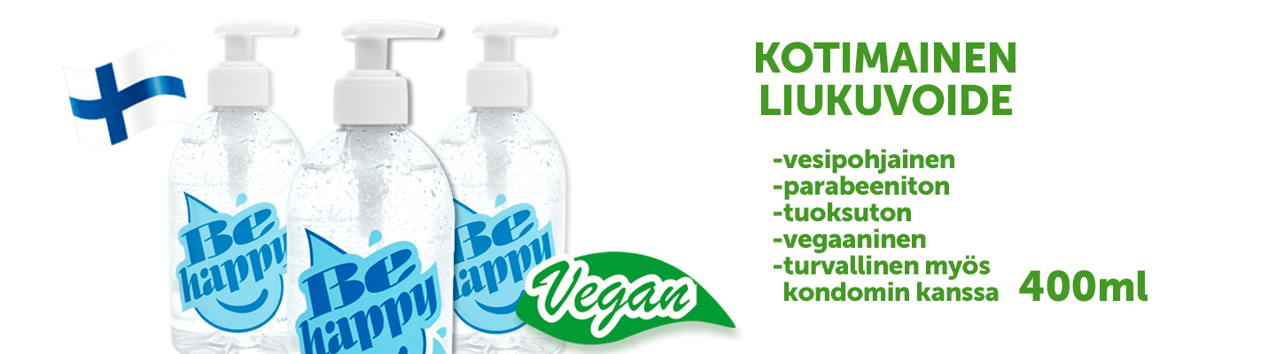 Hygieninen ja helppokäyttöinen pumppupullo jossa hymyilevä BeHappy logo.