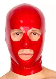 Punainen lateksihuppu, jossa iso, py=C3=B6re=C3=A4t rei=C3=A4t silmien=
 ja suun kohdalla. - Lateksi Huput ja Naamiot - 6987000 - 1