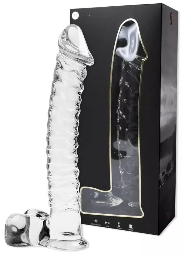 Lasidildo on peniksen muotoinen ja kiveksillä. lasidildon pinta juomutettu - Dildot ja Tekopenikset - 8435566042270 - 1