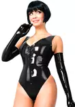 Tiukka ja kiilt=C3=A4v=C3=A4 lateksibody naisella. Hihaton, V-mallinen=
 p=C3=A4=C3=A4ntie. - Lateksi Catsuitit ja Bodyt - 04052201 - 1