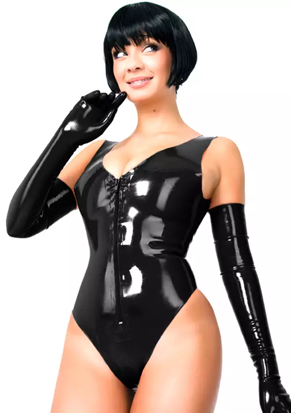 Tiukka ja kiilt=C3=A4v=C3=A4 lateksibody naisella. Hihaton, V-mallinen=
 p=C3=A4=C3=A4ntie. - Lateksi Catsuitit ja Bodyt - 04052201 - 1