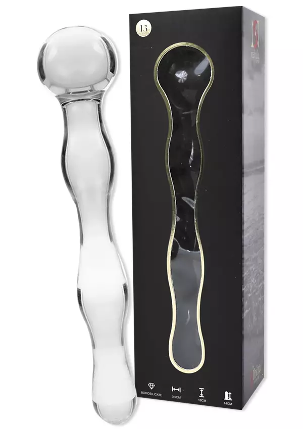 Puikkomainen lasidildo, jossa aaltoileva varsi. Pallomainen kahva. - Dildot ja Tekopenikset - 8435566042171 - 1