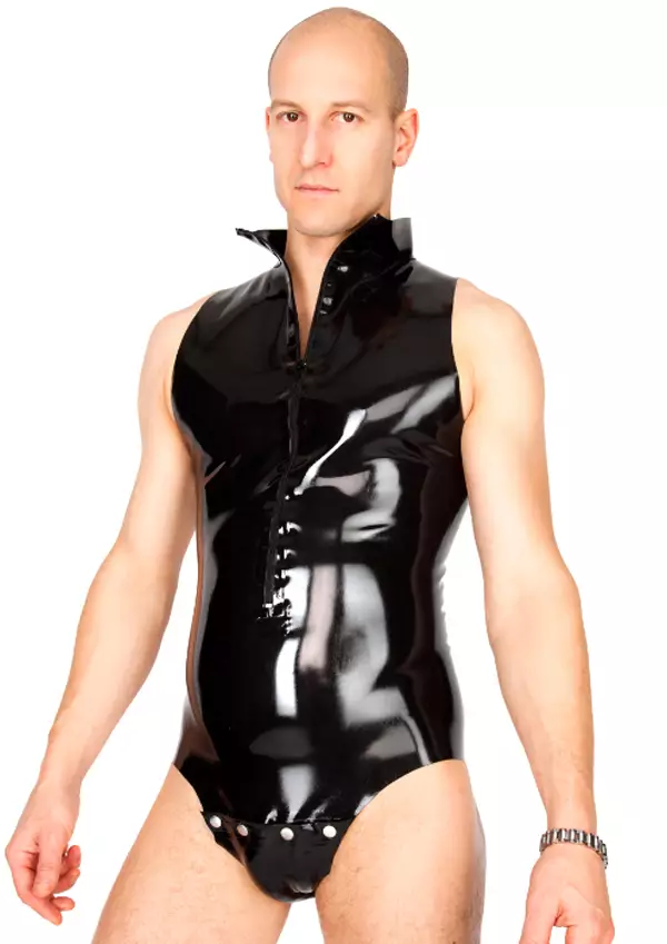 Miehell=C3=A4 lateksinen body. Hihaton ja pystykaulun. Edess=C3=A4 ole=
va vetoketju on hieman avoinna. - Lateksi Catsuitit ja Bodyt - LA1213 - 1