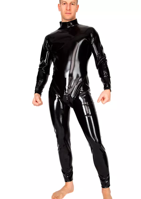 Musta lateksihaalari miehell=C3=A4. Pitk=C3=A4t hihat, pystykaulus ja =
avoimet jalkater=C3=A4t - Lateksi Catsuitit ja Bodyt - LA1194 - 1