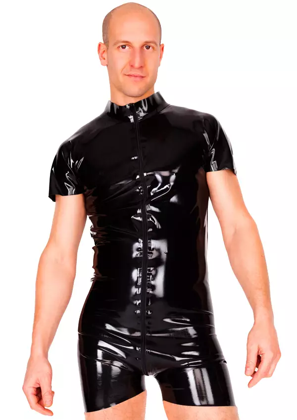 Miehell=C3=A4 lateksi haalari, jossa lyhyet hihat ja lahkeet ulottuvat=
 reiden yl=C3=A4osaan - Lateksi Catsuitit ja Bodyt - LA1214 - 1