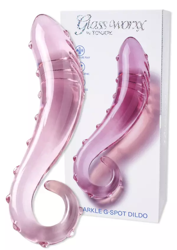 Lasidildo, jonka kärki paksumpi, varsi kaareva ja päässä lenkki. - Dildot ja Tekopenikset - 8713221845368 - 1