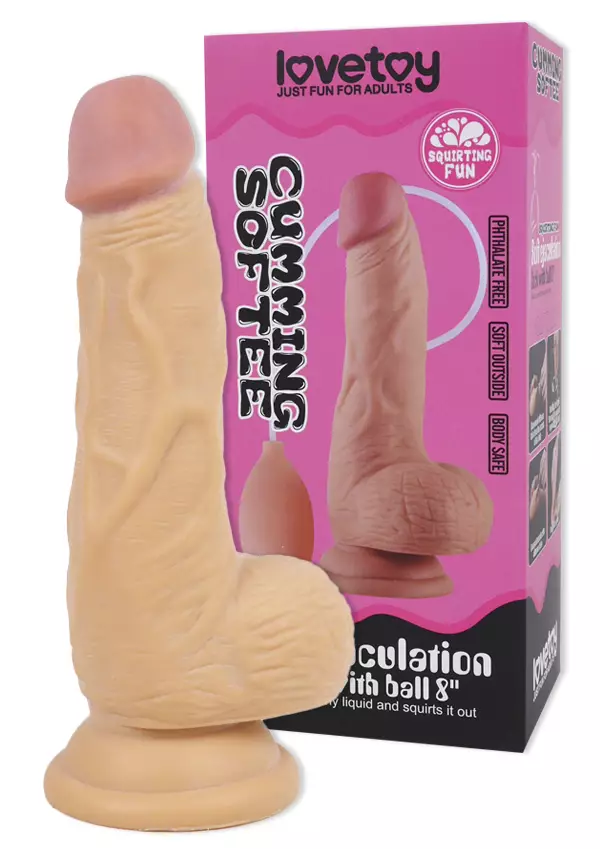 Ejakuloiva dildo ja myyntipakkaus takana.Dildo on vaalena ihon v=C3=A4=
rinen, k=C3=A4rki pinkki ja siin=C3=A4 on kiveksen sek=C3=A4 imukuppi.=
- Dildot ja Tekopenikset - 6970260908979 - 1