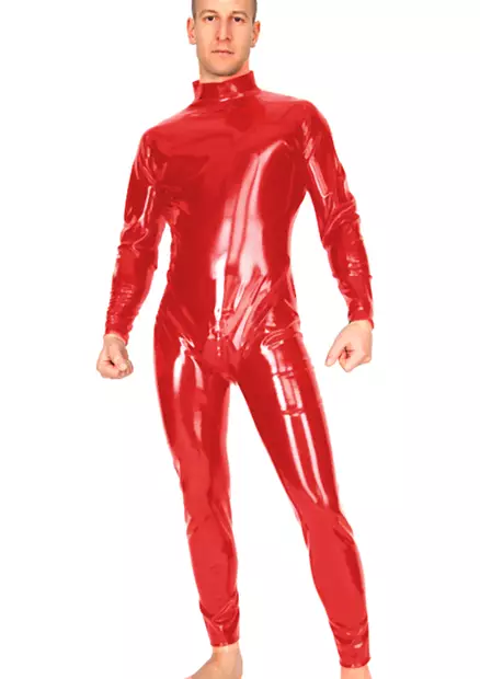 Punainen lateksihaalari miehell=C3=A4. Pitk=C3=A4t hihat, pystykaulus =
ja avoimet jalkater=C3=A4t - Lateksi Catsuitit ja Bodyt - LA1194P - 1